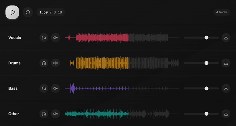 AudioSpl.it audio separator interface showing track separation